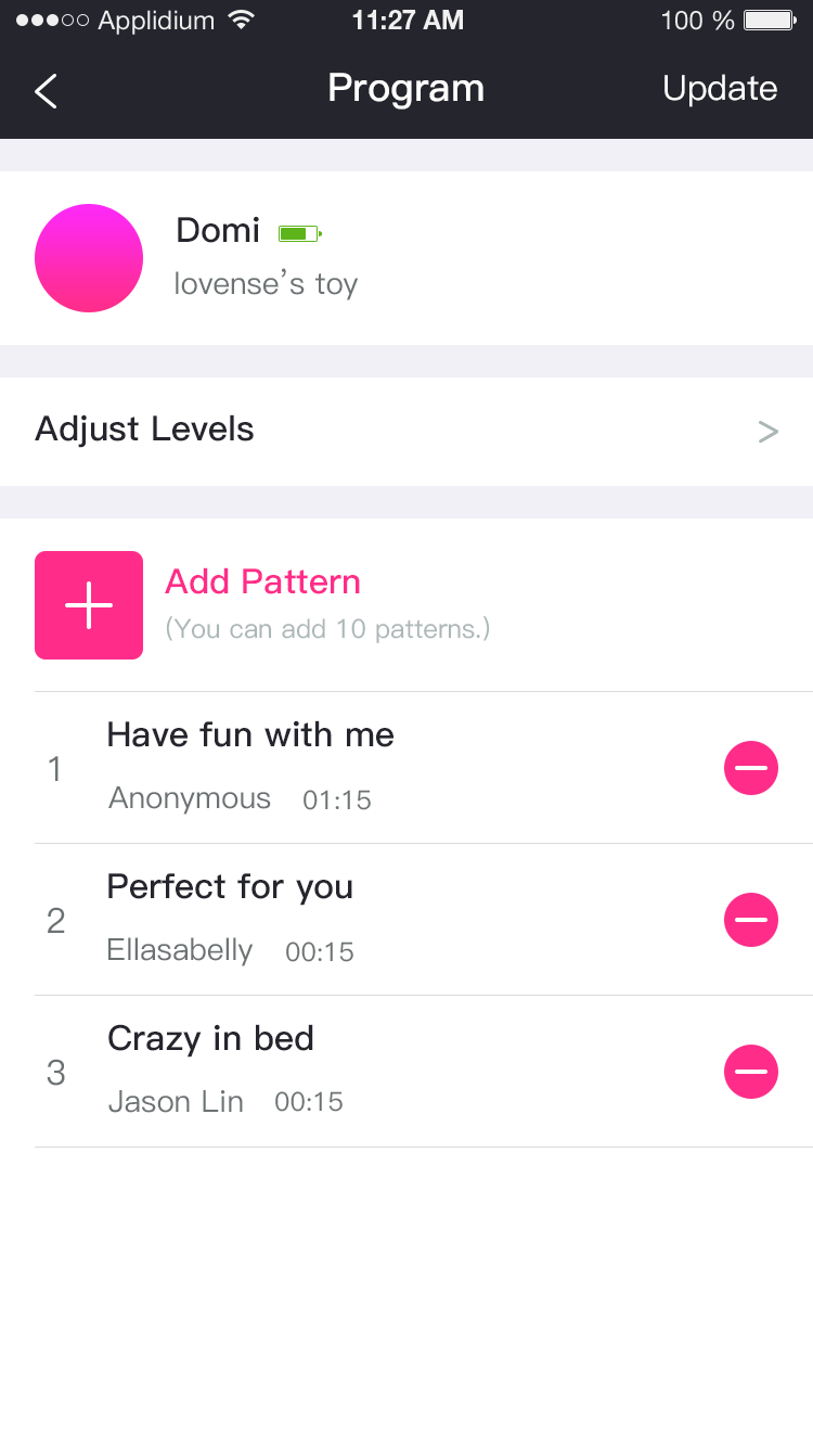 Az Lovense Remote alkalmazás képernyőképe akár 10 programozási minta