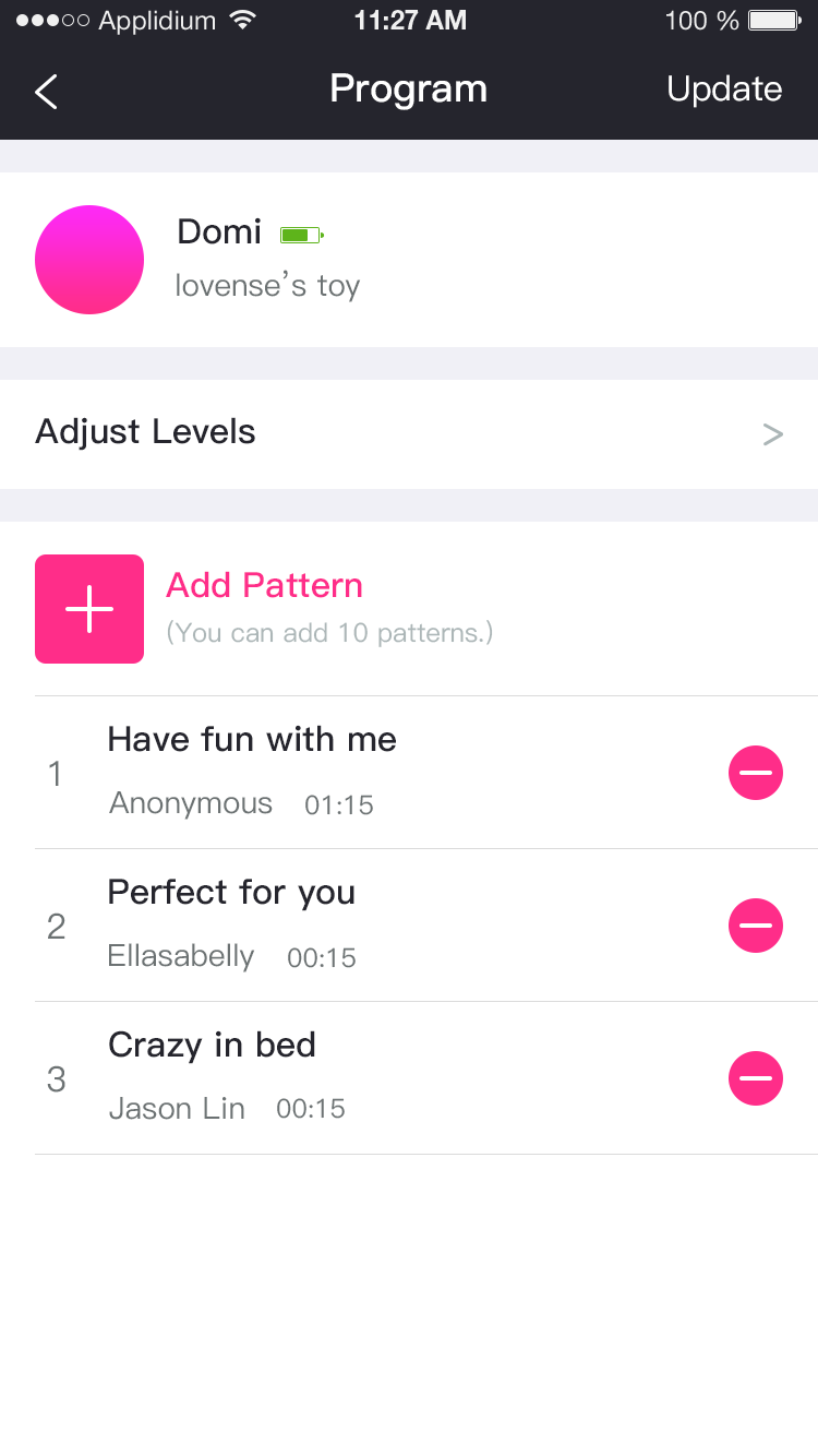 Az Lovense Remote alkalmazás képernyőképe: akár 10 programozási minta.